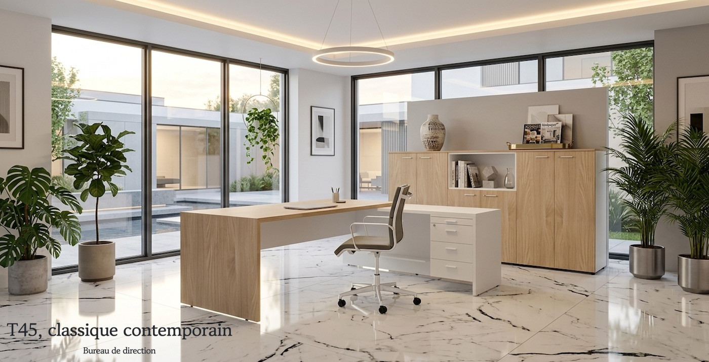 Bureau contemporain T45: salle de réunion lumineuse avec mobilier en bois et fauteuils vert olive autour d’une grande table, style direction moderne. 